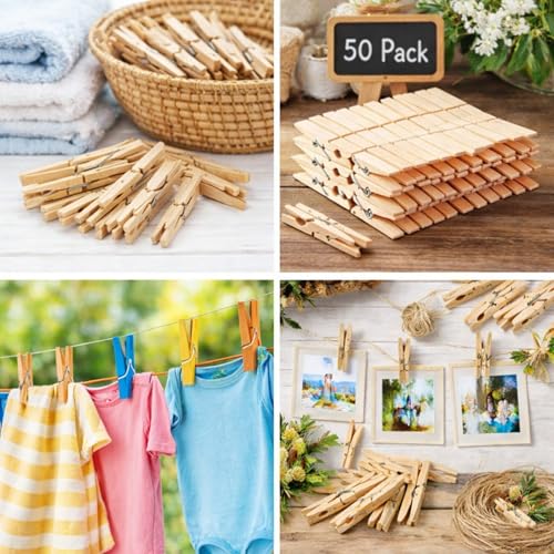 ADAK 50 Pack Large Wooden Clothespins, 2.9 Inch Heavy Duty Laundry Clips