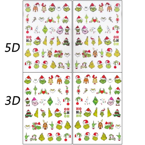 Christmas Nail Art Stickers - 4 Sheets 5D Self-Adhesive Winter Green Monster Decals
