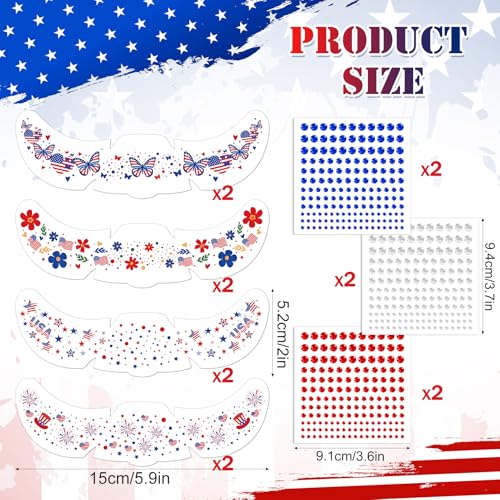 HOWAF Patriotic Glitter Freckles Temporary Tattoos & Face Gems 14-Piece Set
