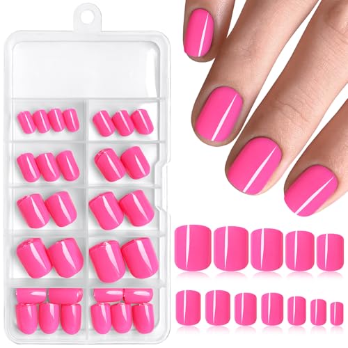 Short Press on Nails Hot Pink Square Glossy Fake Nails Kit