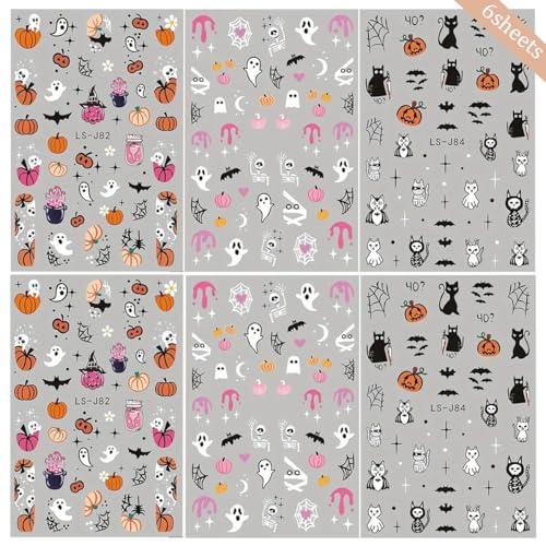 Halloween Nail Art Stickers - 6 Sheets 3D Self-Adhesive Ghost Pumpkin Decals