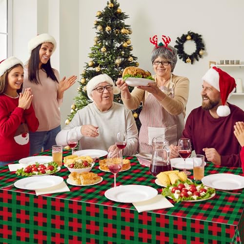 Christmas Plastic Plaid Tablecloth Set - Red & Green Buffalo Check, 54x108 Inches, 6 Pack