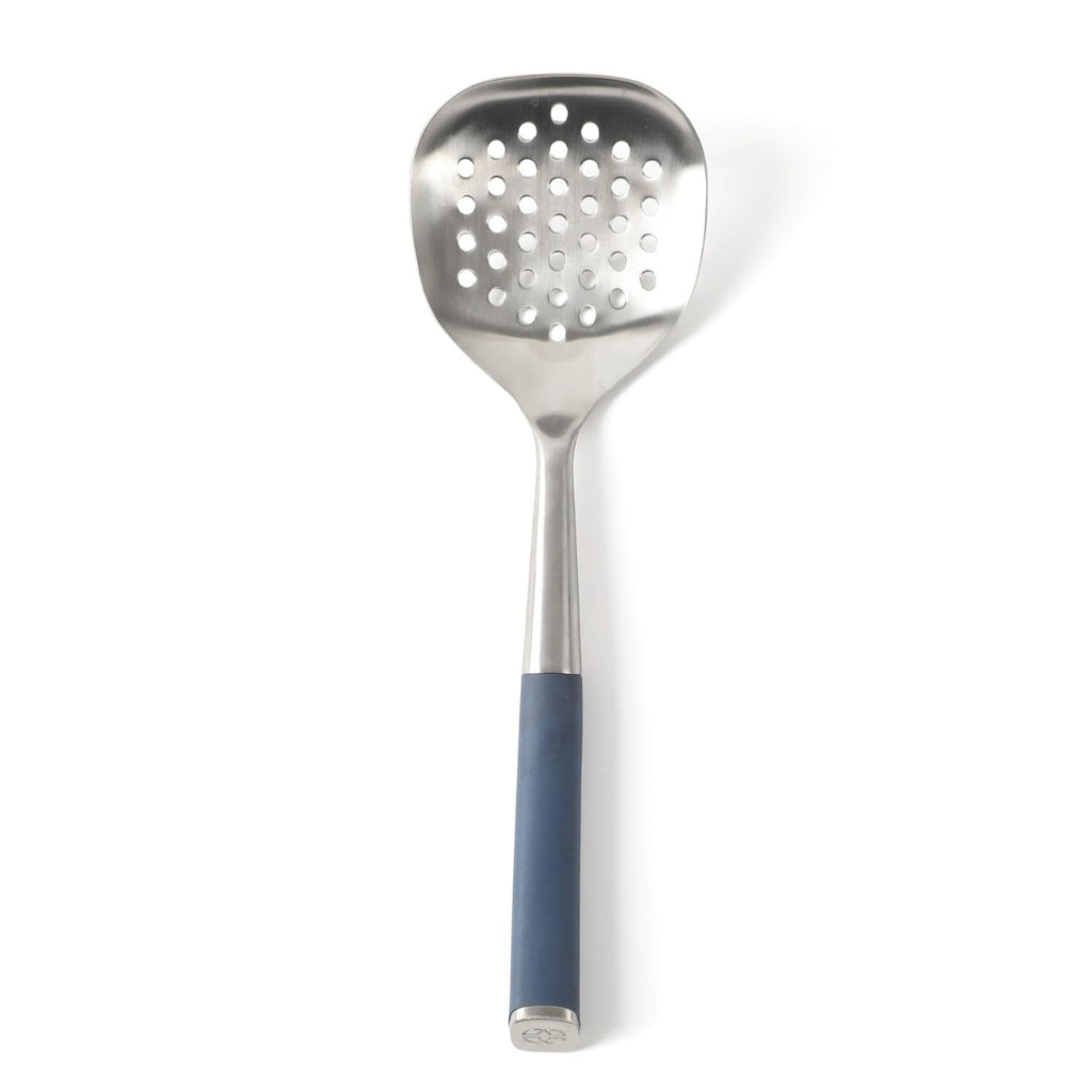 Calphalon Edge Stainless Steel Slotted Spoon/Skimmer, Kitchen Strainer Spoon, Skimmer with Silicone Heat Resistance Handle, Slotted Cooking Tool for Draining and Skimming (Blue)
