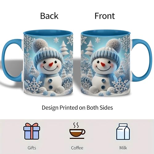 Christmas Mug - Adorable Snowman Winter Coffee Cup with Frosty Blue Design