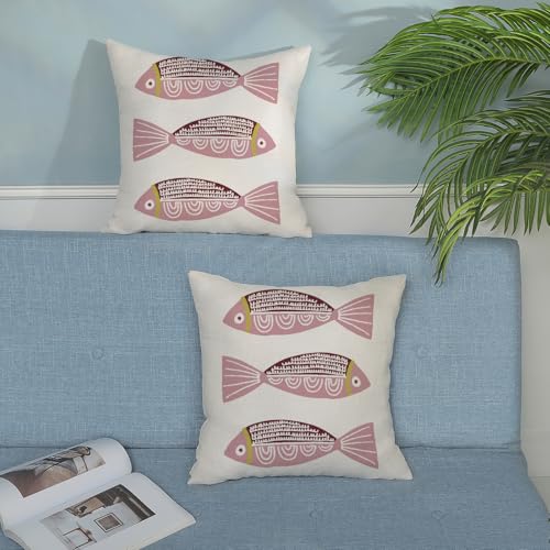 Coastal Pink Fish Pillow Covers 18x18 Inch Set of 2 - Nautical Throw Pillows for Home Decor