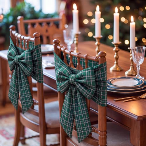 Christmas Chair Back Covers with Bow Set - Green Tartan Velvet, 6 Pieces