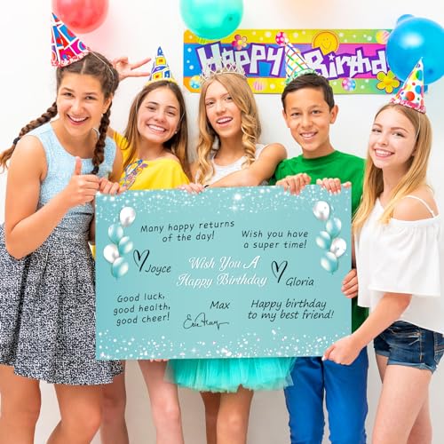 CHUNNIN Teal Silver Jumbo Birthday Guest Book & Greeting Card Set with Envelope — Large Celebration Keepsake