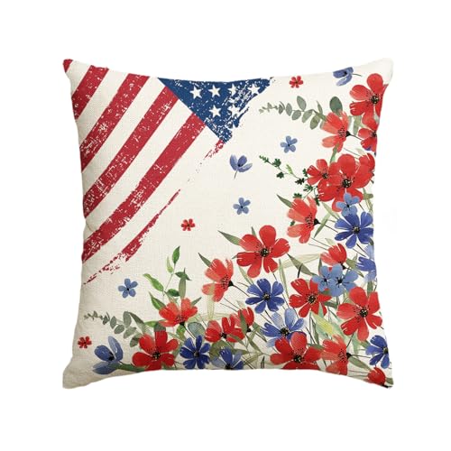 Patriotic Poppy Floral Throw Pillow Cover, 18x18 Inch - Independence Day Decor