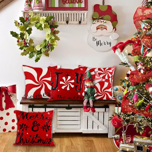 Vellibring Christmas Candy Pillow Covers, 18x18 Set of 4 Red & White Linen