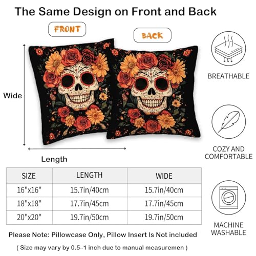Sugar Skull Decorative Pillow Covers Set of 2 | 18x18 Inch Floral Art for Halloween & Day of the Dead