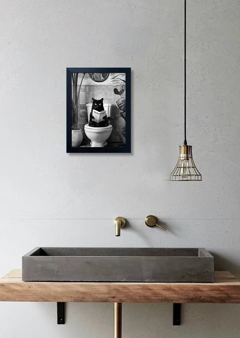 Skiennix Black Cat Bathroom Wall Art - Humorous Framed Canvas Print | Small Size, Black & White Design