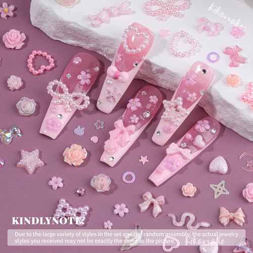 Kikonoke 400Pcs Pink Nail Charms Kit 3D Resin Gems & Rhinestones