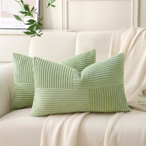 Sage Green Corduroy Lumbar Throw Pillow Cover, 14x24 Inch Textured Cushion