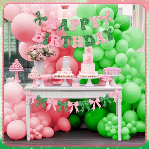 Pink and Green Bow Birthday Banner Garland - 3 Pre Strung Glitter Decorations