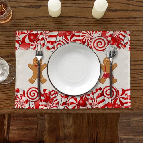 Ansouyi Christmas Gingerbread & Candy Cane Placemats Set of 6 - Heat Resistant Linen Table Mats 12x18 Inches - Gingerbread / 6PCS