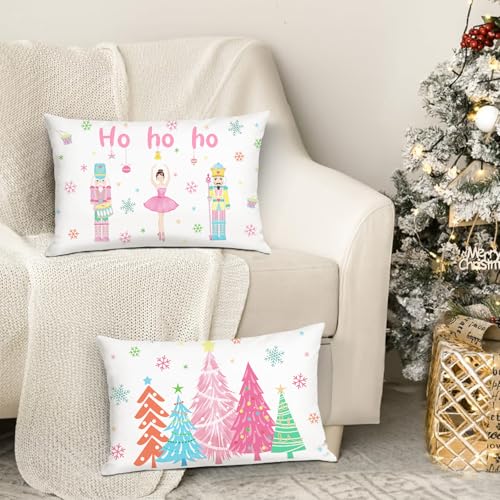 Bonhause Christmas Nutcracker Pillow Covers 12x20 Inch - Pink Set of 2