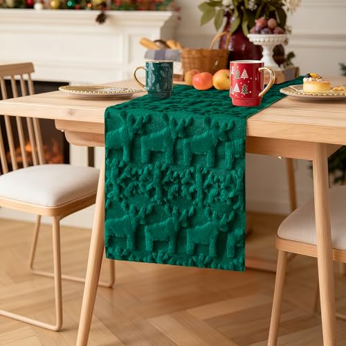 Christmas Snowflake and Elk Table Runner - Faux Fur Jacquard Holiday Decor, 13x90 Inch, Green