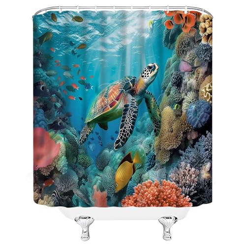 Ocean Underwater World Shower Curtain - Colorful Tropical Fishes & Turtle, 70"x70"