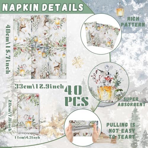 Christmas Deer Paper Napkins - 40 Pack Winter Holiday Disposable Towels
