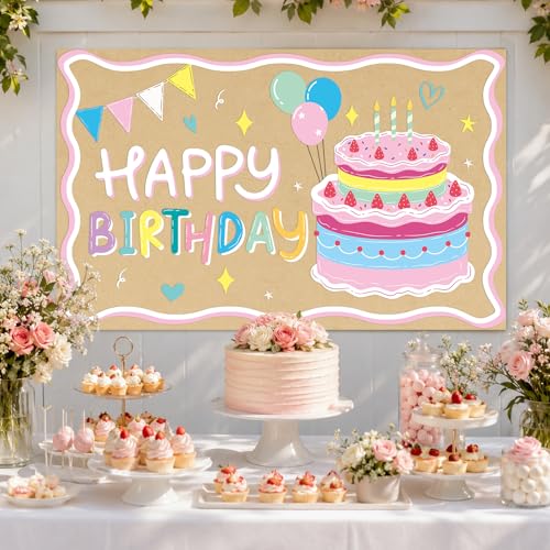 Happy Birthday Kraft Paper Banner - Colorful Cake Backdrop 39x25"