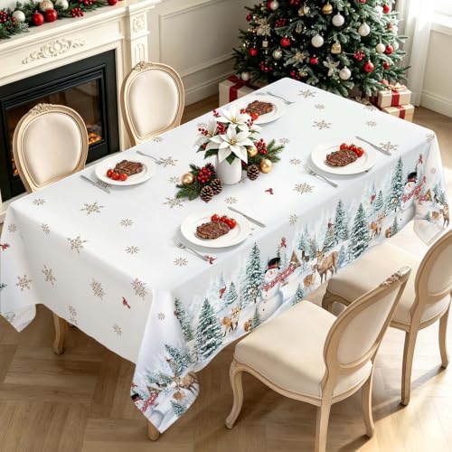 Christmas Snowman Cardinal Deers Tablecloth 60x120 Inch - White, Rectangular