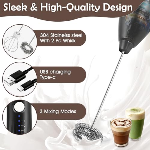 Rechargeable Handheld Milk Frother - Black with 2 Detachable Whisks