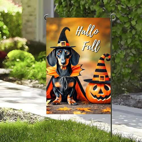 Hallo Fall Garden Flag 12x18 Inch - Dachshund & Pumpkin Design