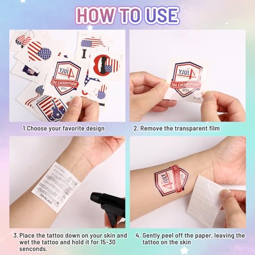 Fourth of July Temporary Tattoos - 26 Sheets Patriotic USA Stickers