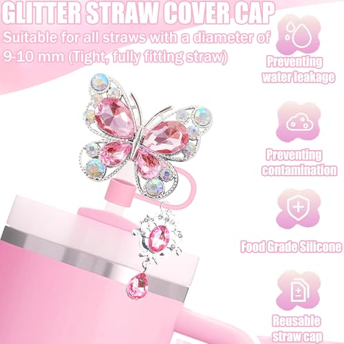 5pcs Pink Stanley Cup Accessories Set, Including Butterfly Straw Topper, Sparkly Silicone Boot, Stoppers Spill Proof, Shiny Charm Fits Stanley 40&30 Oz Tumbler with Handle