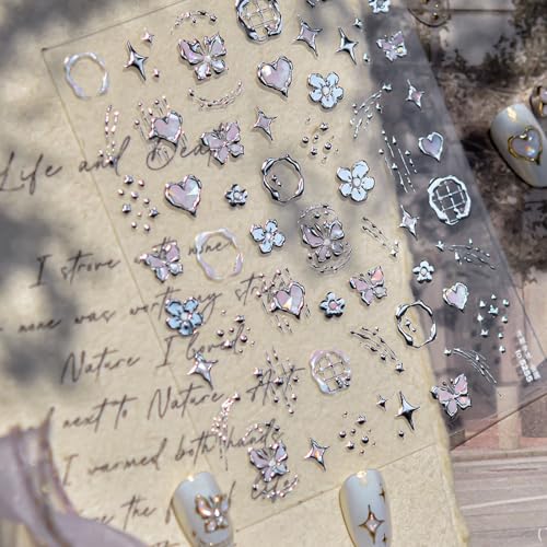 5D Embossed Silver Flower Nail Stickers Bohemian Butterfly Nail Art Decals