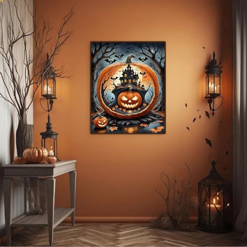 Halloween Diamond Painting Kit for Adults, Pumpkin Castle 5D Full Drill Gem Art