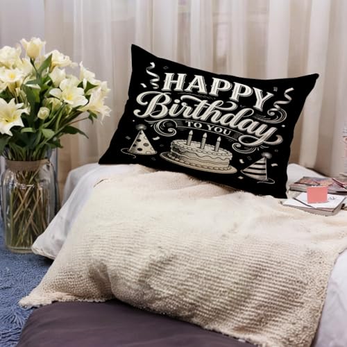 Happy Birthday Decorative Throw Pillow Cover, 12" x 20" Black Waist Cushion