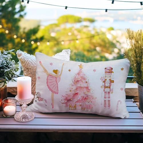 Pink Christmas Pillow Cover 12x20" - Ballerina & Nutcracker Design