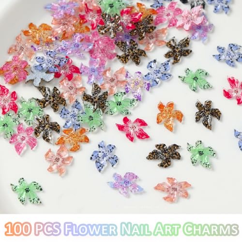 100 Pcs 3D Hawaii Flower Nail Charms Hibiscus Resin Floral Manicure Gems