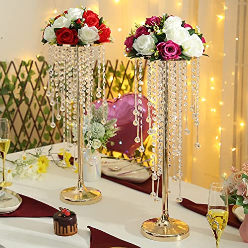 Tall Gold Vases for Table Centerpieces - 2pcs with Crystal Beads - Elegant Flower Stands, 21.7in, Gold / 2 x S