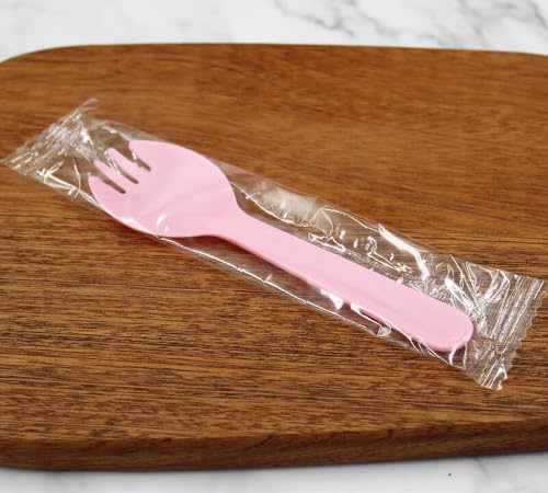 100PCS Disposable Pink Sporks - Individually Wrapped Plastic Utensils
