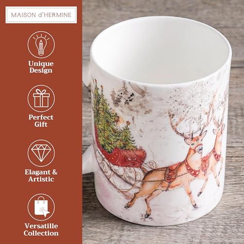 European Style Bone China Coffee Mug with Handles - 15 Ounce Christmas Reindeer Variation