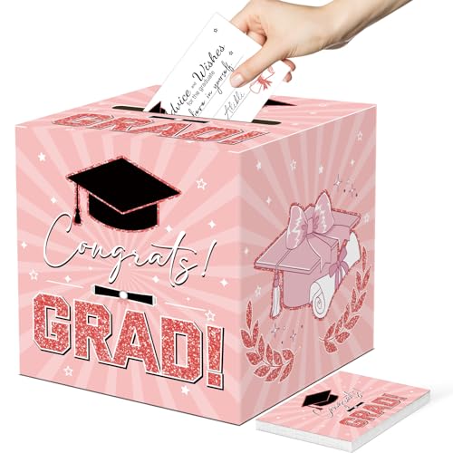 2026 Graduation Card Box with 50 Advice Cards - Pink & Rose Gold