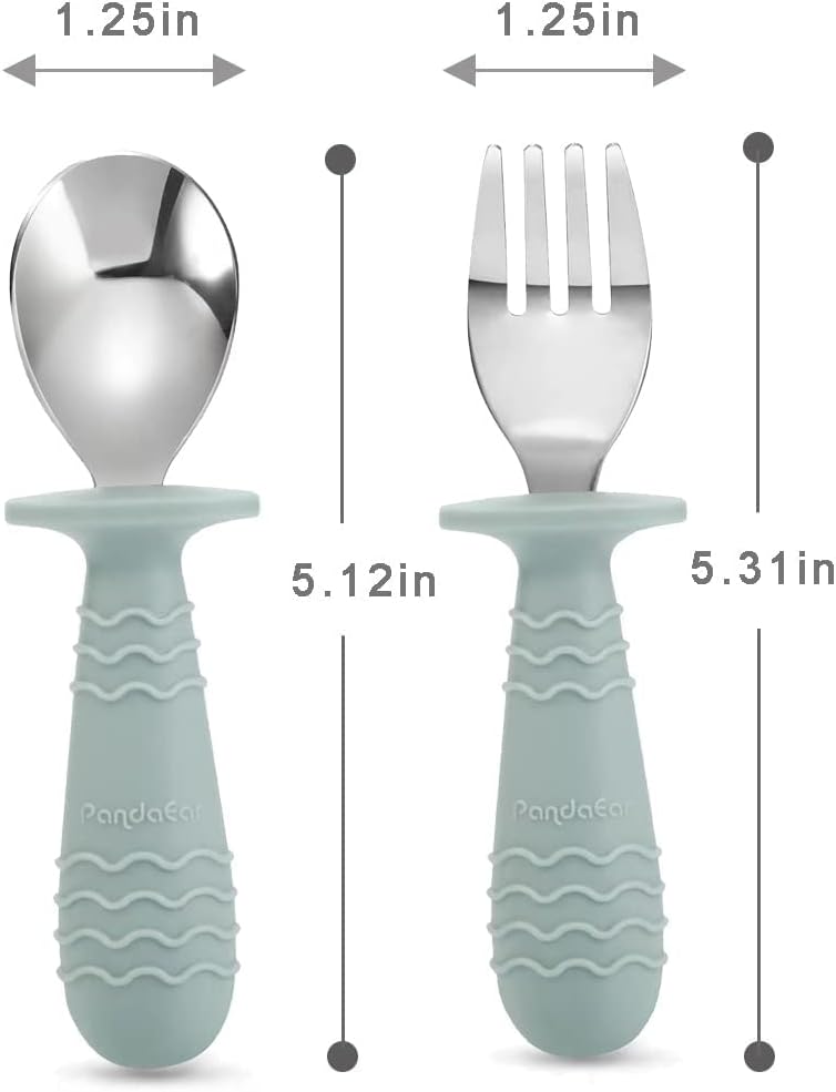 PandaEar Baby Toddler Utensils Set - 6-Piece BPA-Free Silicone & Stainless Steel Silverware | Blue, Pink, White