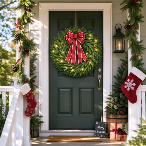 28-Inch Lighted Christmas Wreath with Detachable Bow - Pinkpum Green Variation