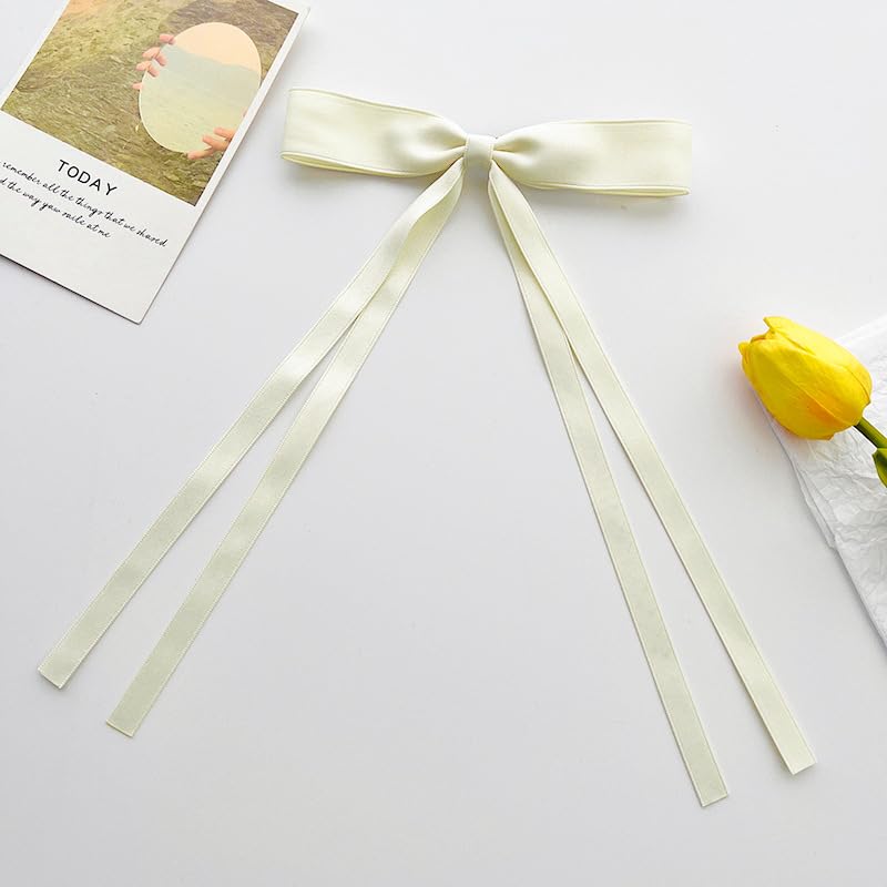 SALOCY 4 PCS Big Satin Hair Bow Clips with Long Tail Pink and Beige