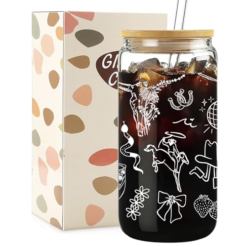 Cowgirl Glass Cup with Bamboo Lid and Straw - 16oz Western Iced Coffee Tumbler
