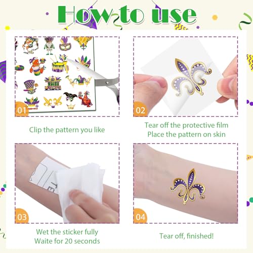 Mardi Gras Temporary Tattoos 8 Sheets 200+ Fat Tuesday Party Favors