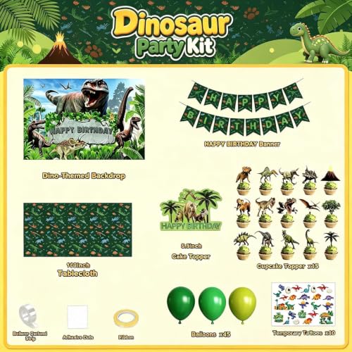 Dinosaur Birthday Party Decorations Kit for Kids with Backdrop, Balloons, Banner, Cake Toppers & Tattoos