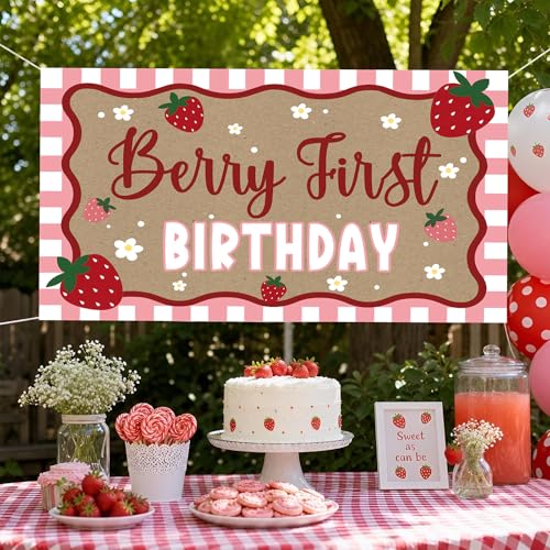 Strawberry Birthday Banner for First Birthday Party Decorations Girls Kids