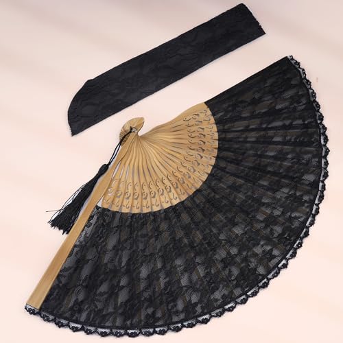 Choyaxo Multicolor Lace Bamboo Folding Handheld Fan with Cloth Cover