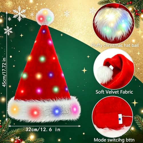 Double Santa Hat for Kids, Babies & Adults - Red Velvet Xmas Hat with LED - One Size