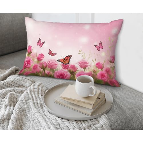 Roses Butterfly Throw Pillow Cover 20x30 Inches - Floral Accent