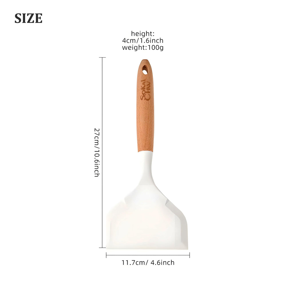 SoKalChw Wide silicone spatula tamagoyaki shovel turner for Omelette pan pancakes, eggs, fish, steak and pizza, Nonstick cookware, Wooden handle (White)