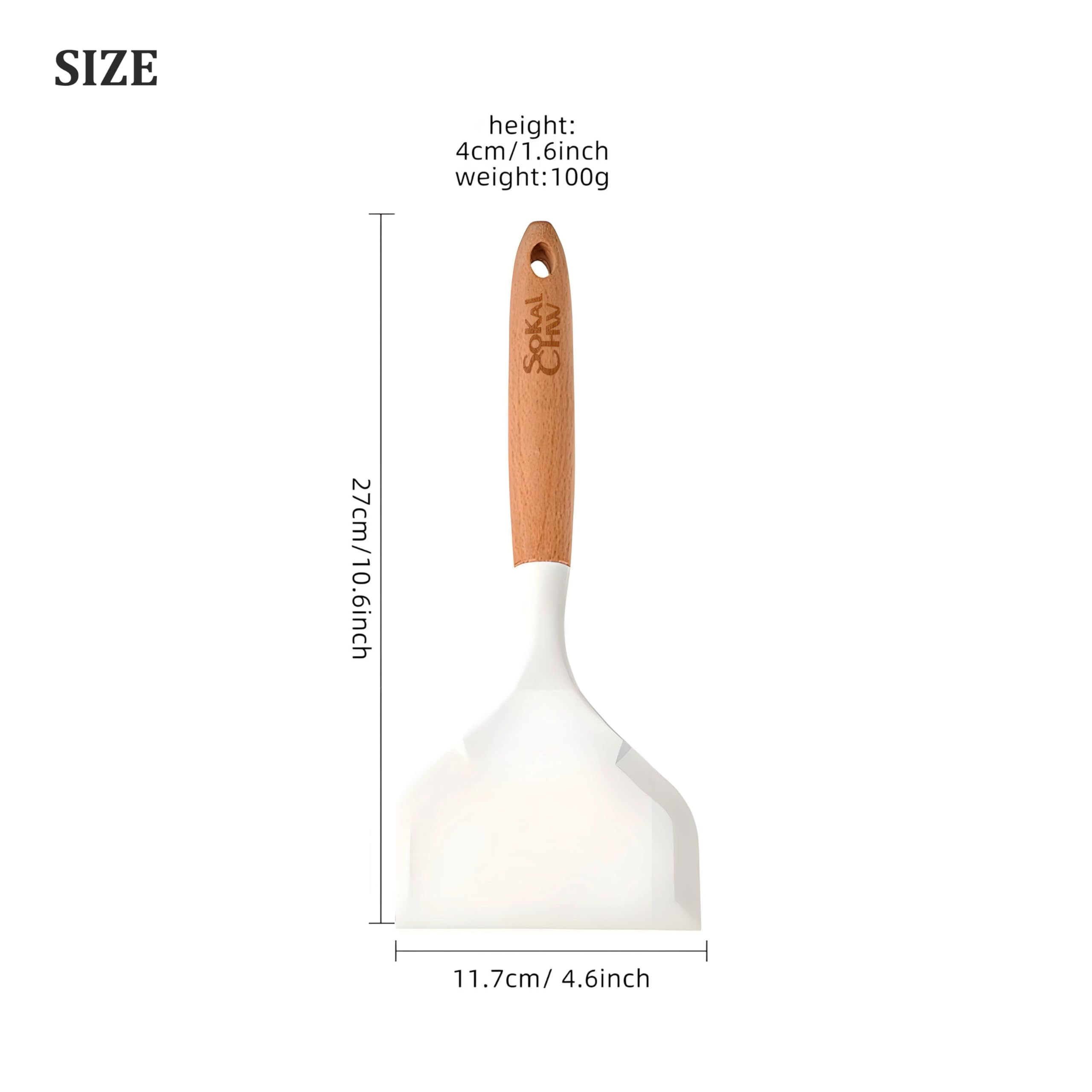 SoKalChw Wide silicone spatula tamagoyaki shovel turner for Omelette pan pancakes, eggs, fish, steak and pizza, Nonstick cookware, Wooden handle (White)